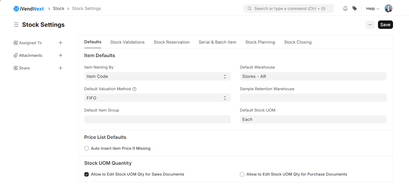 Stock Settings - Sample Retention Warehouse